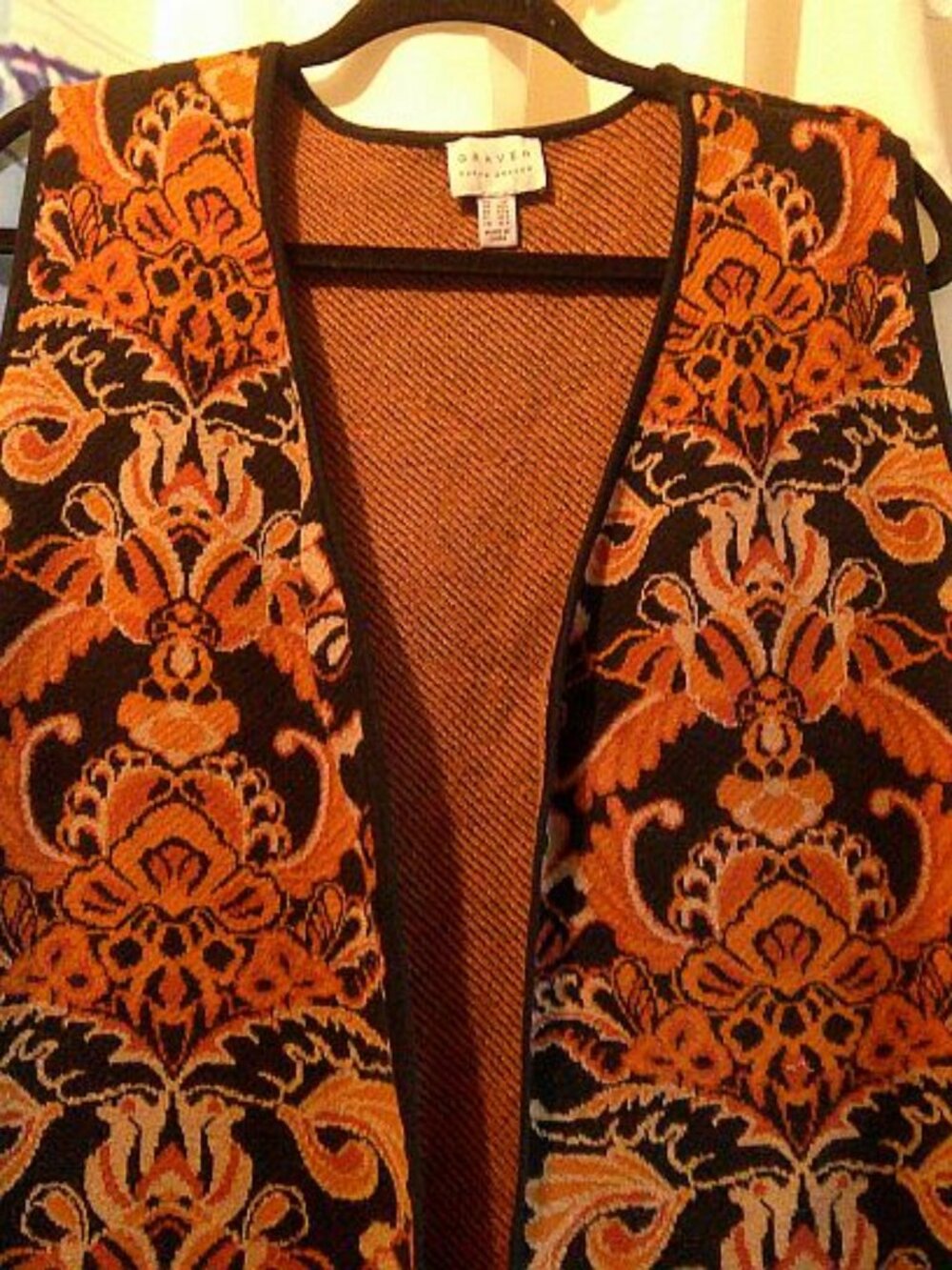 Susan Graver Knit Sweater VEST Victorian Print n Amber & Spice Woman L Petite